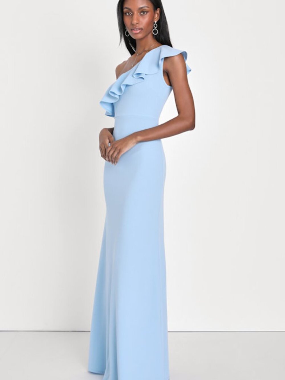 Lulus Last Forever Powder Blue One-shoulder Ruffle Maxi Dress - Size XS
